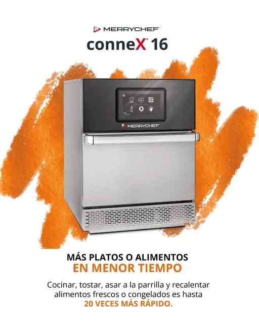 Flyer de Equipamientos Group: horno rápido Merrychef conneX 16 sobre una pincelada naranja, «más platos o alimentos en menor tiempo»